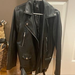 Forever 21 black faux leather long moto jacket - size s